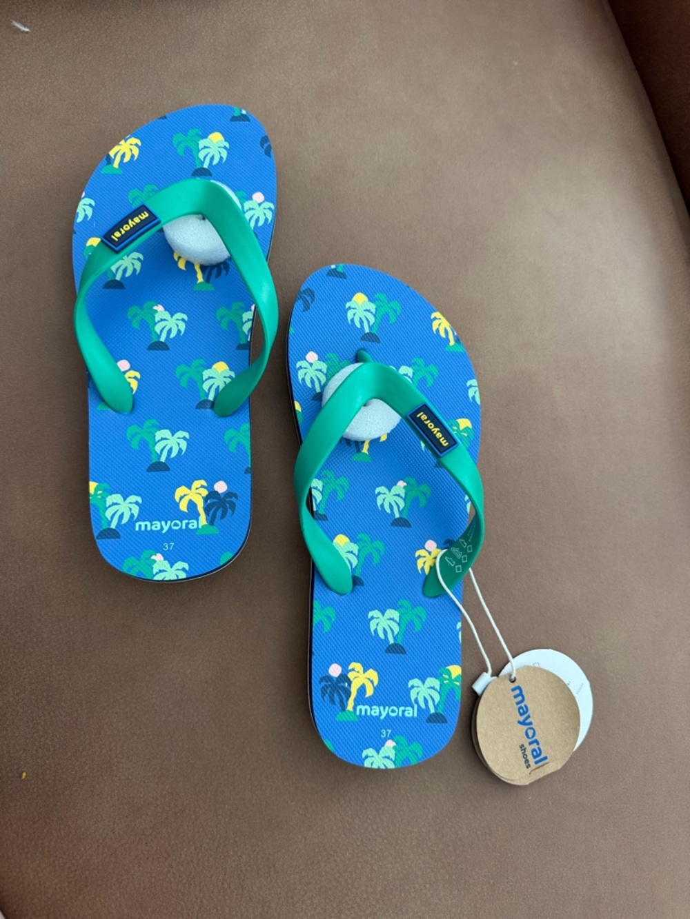 Mayoral Blue Flip Flops with Green Straps and Multicolor Palm Print